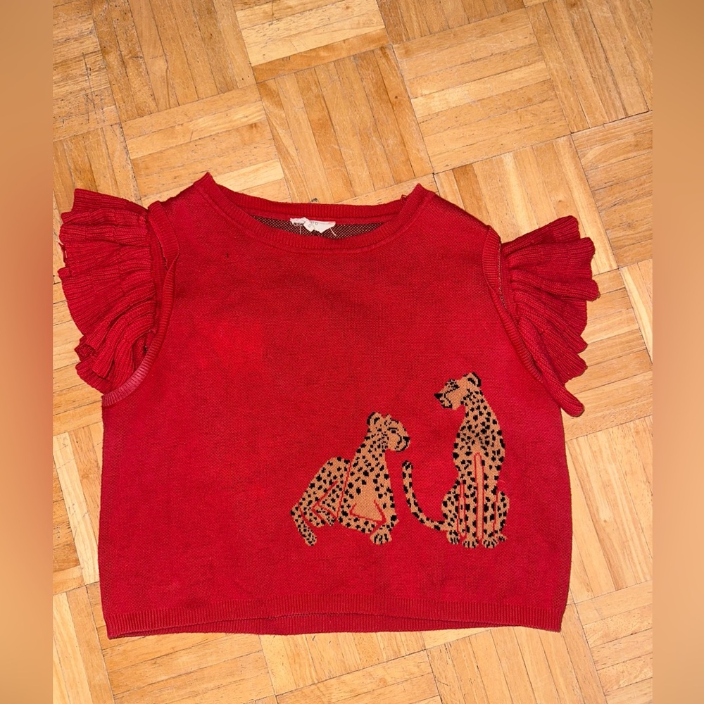 Red knitted sweater with ruffle sleeves. Purchased from a local boutique. Size s